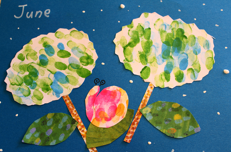 Kids Craft Hydrangeas In Collage あじさいとかたつむり コラージュ編 けこりん英語教室 藤林恵子のブログ
